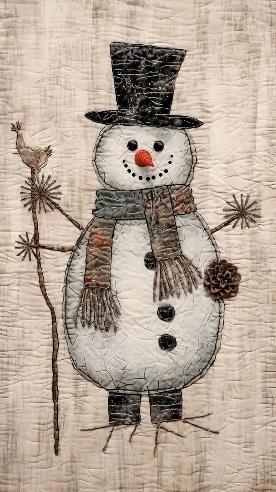 Embroidery of cute snowman embroidery winter art.