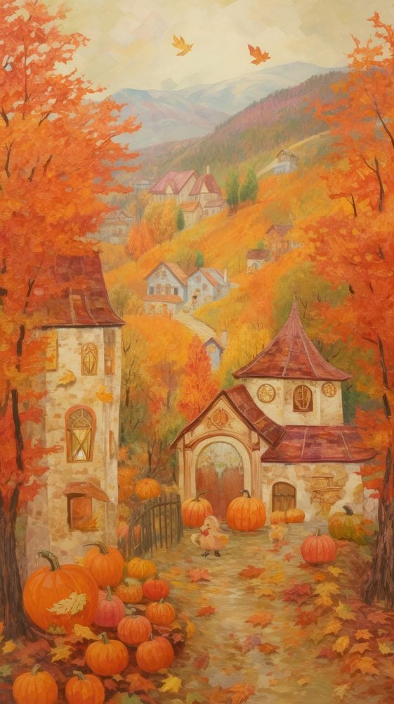 Autumn village europe painting architecture building.