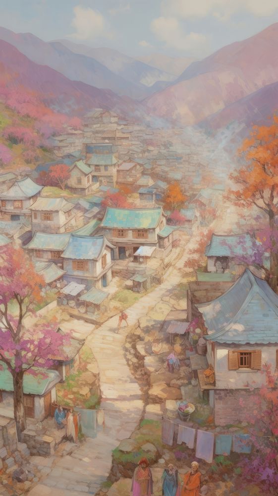 Autumn village painting architecture countryside.