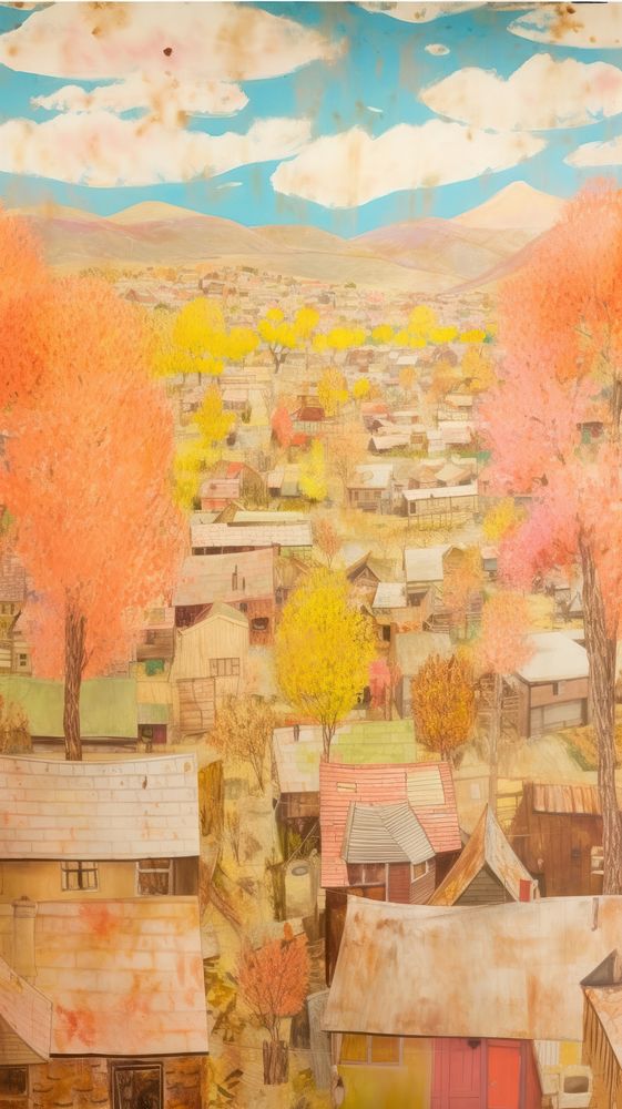 Autumn village painting neighborhood countryside.