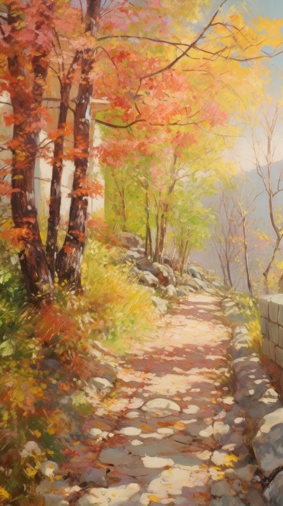 Autumn path landscape painting vegetation.