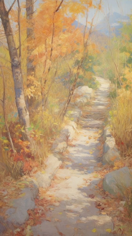 Autumn path painting vegetation outdoors.