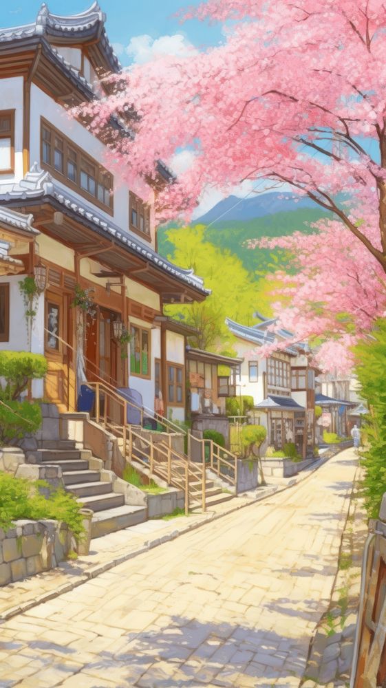 Village japan painting neighborhood architecture.