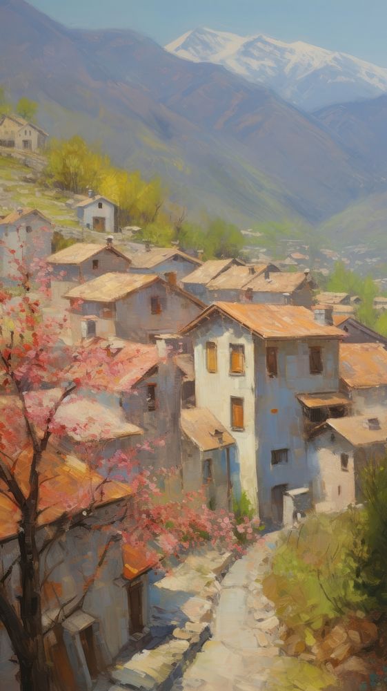 Village in france painting neighborhood countryside.