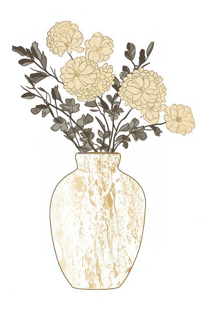 Flower vase in the style of ink folk art-inspired illustrations plant white background creativity.