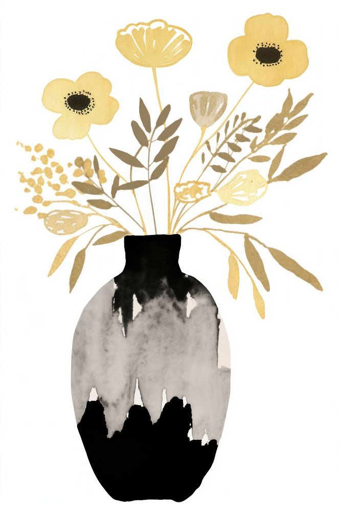 Flower black vase in the style of ink folk art-inspired illustrations painting plant creativity.
