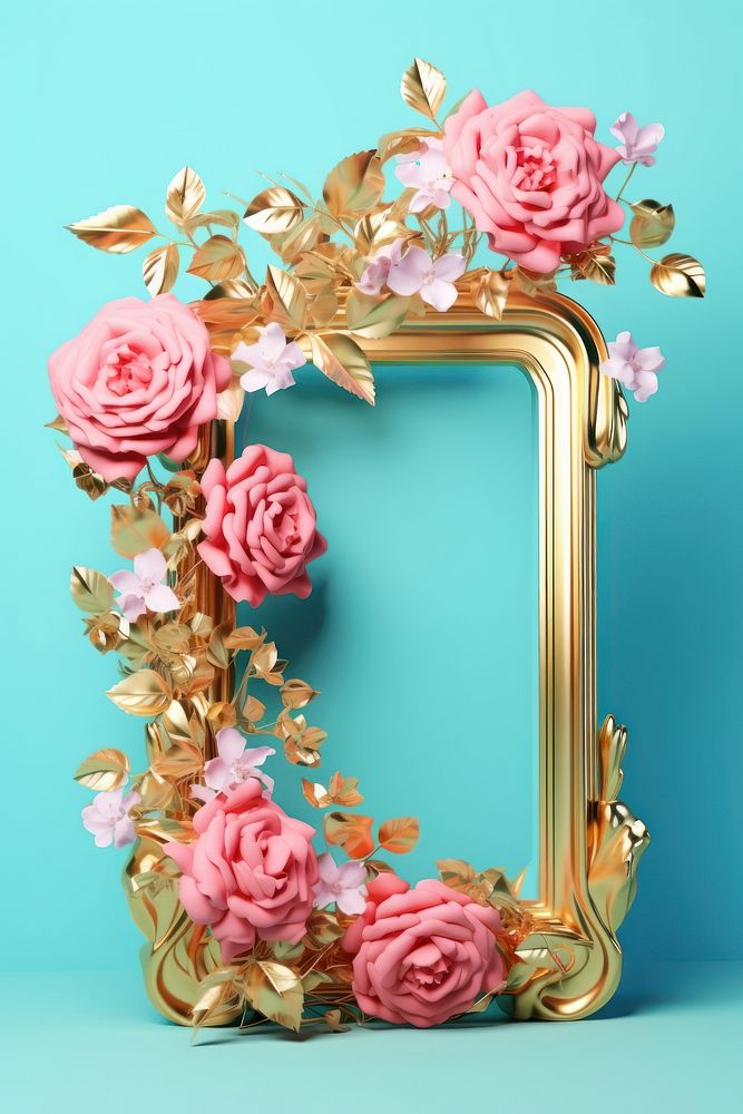 3d Surreal of a blank gold frame with flowers pattern plant rose.