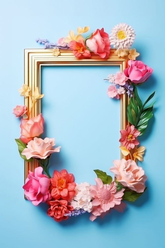 3d Surreal of a blank gold frame with flowers decoration fragility floristry.