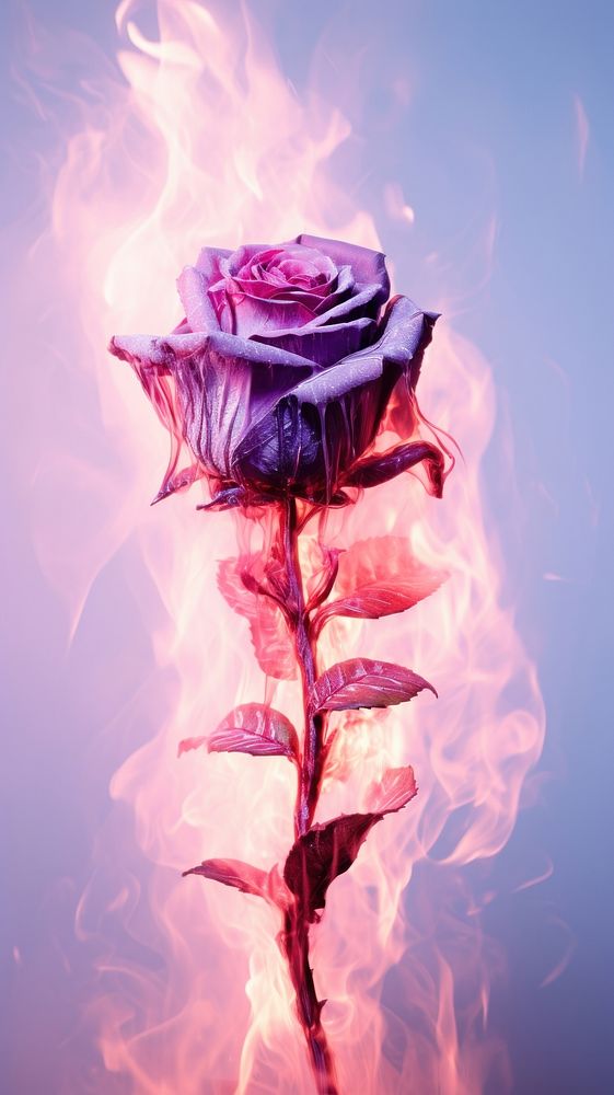 Aesthetic rose on fire purple flower petal.