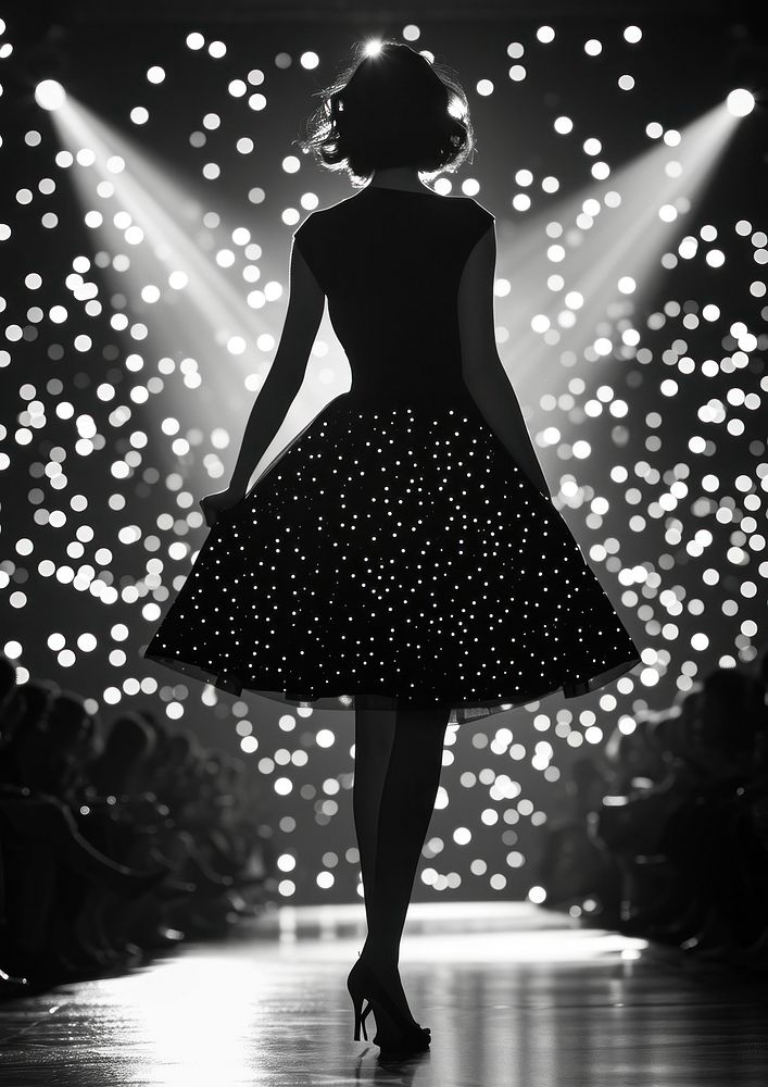Silhouette Black and white isolate woman with fashion on cat walk dancing motion light.