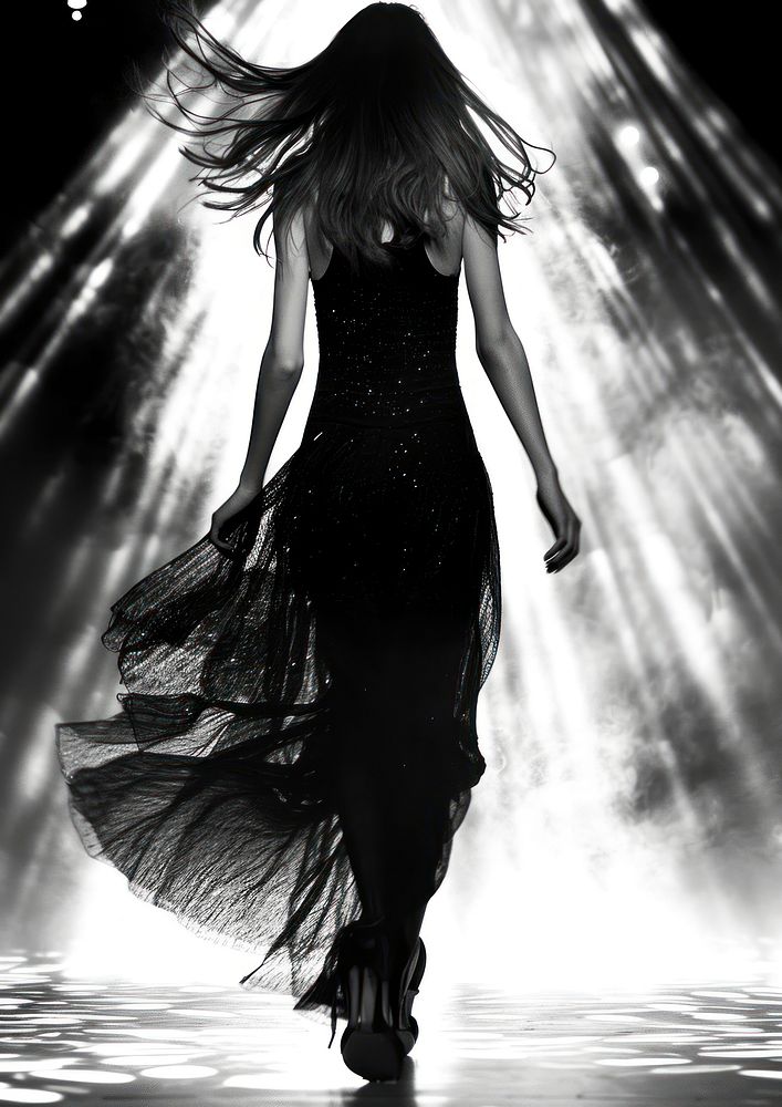 Silhouette Black and white isolate woman with fashion on cat walk dancing motion light.