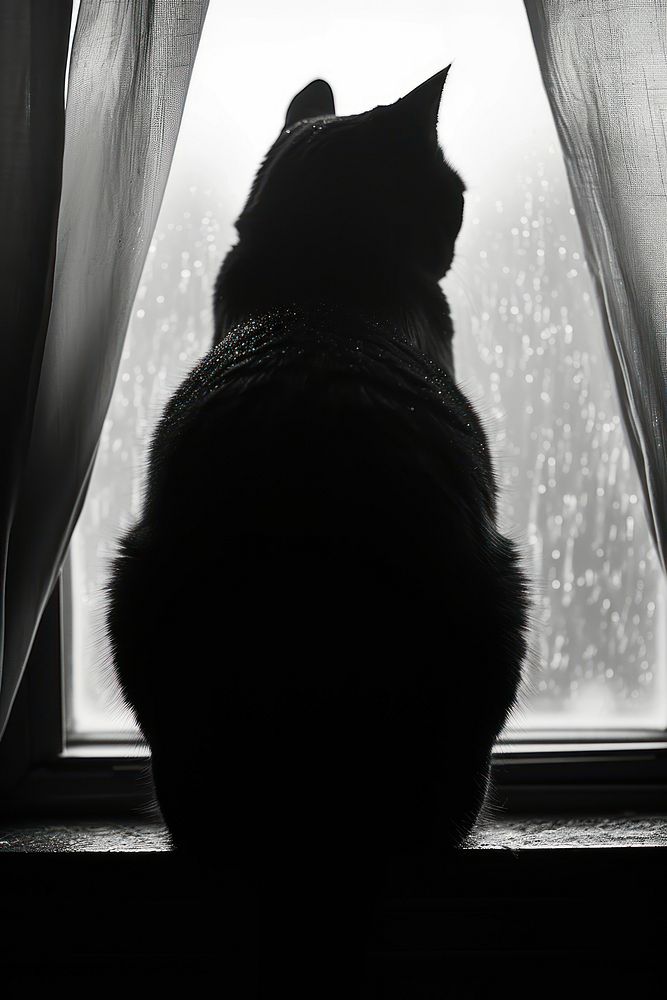 Silhouette Black and white isolate cat sitting at the window windowsill mammal animal.