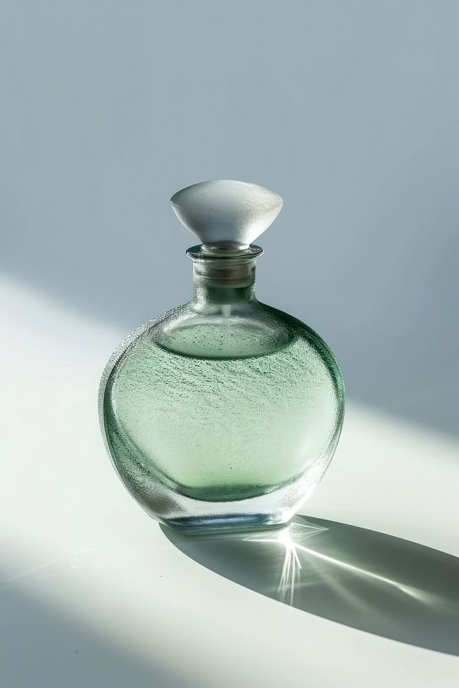 A frosted glass fragrance perfume bottle cosmetics lighting green.