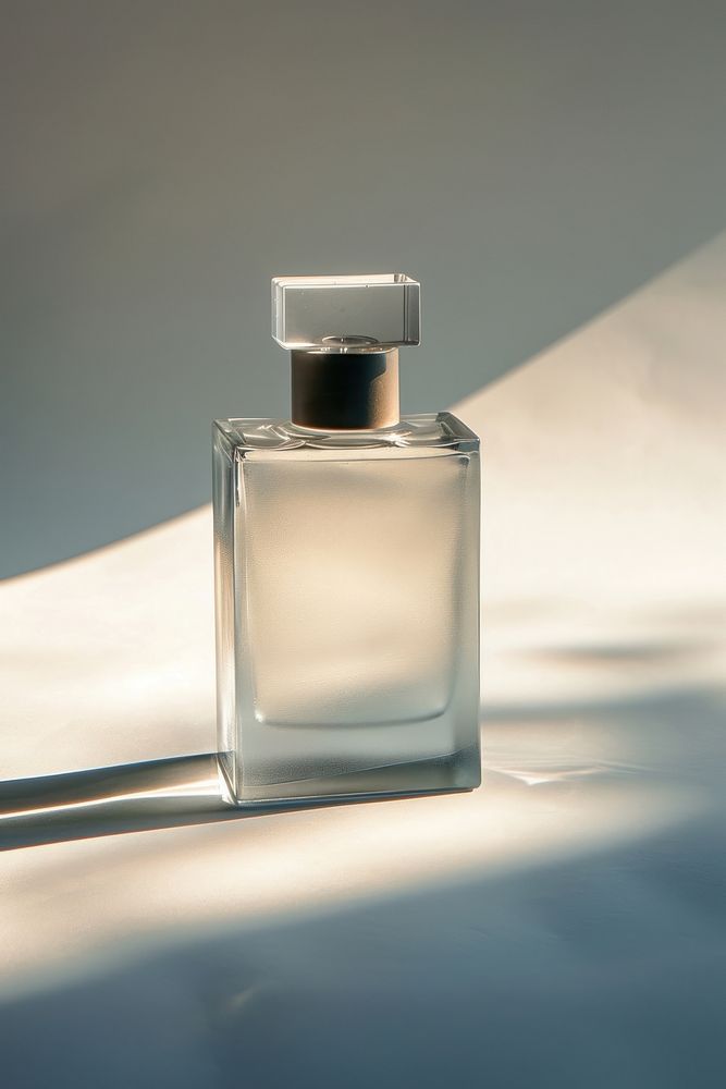 A frosted glass fragrance perfume bottle cosmetics white lighting.