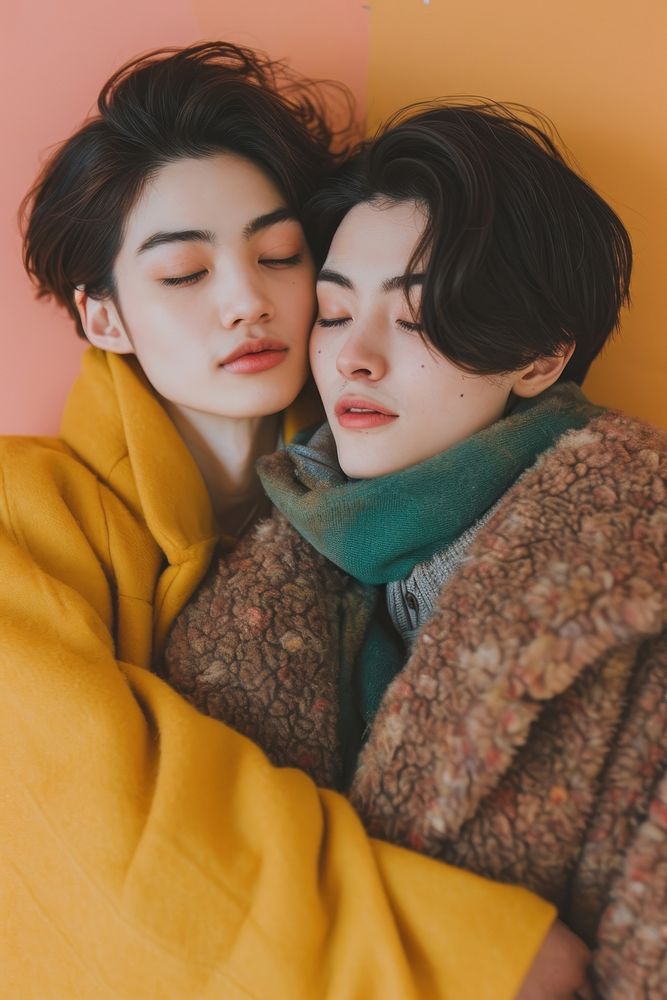 Japanese gay couple hugging blanket adult love.