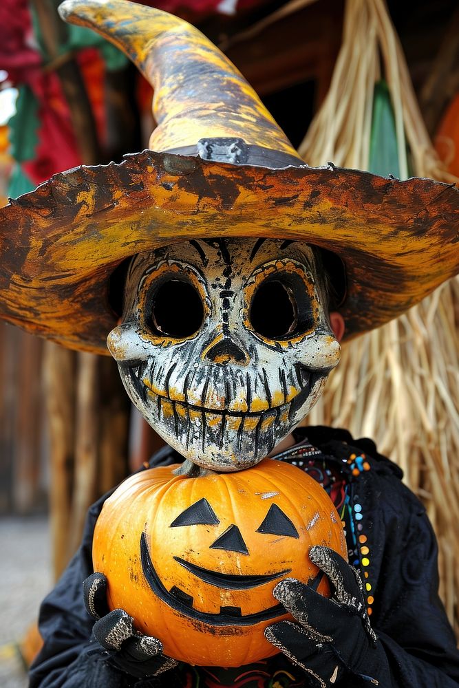 A kid holding halloween pumpkin festival adult jack-o'-lantern.