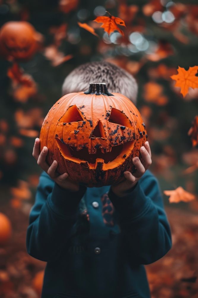 A kid holding halloween pumpkin anthropomorphic jack-o'-lantern jack-o-lantern.