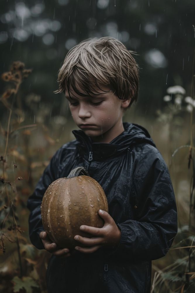 A kid holding halloween pumpkin portrait plant child.