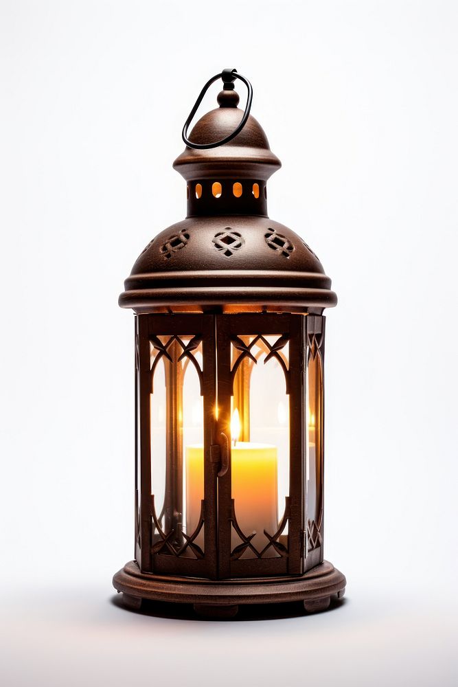 A candle in a beautiful lantern lamp white background architecture. AI generated Image by rawpixel.