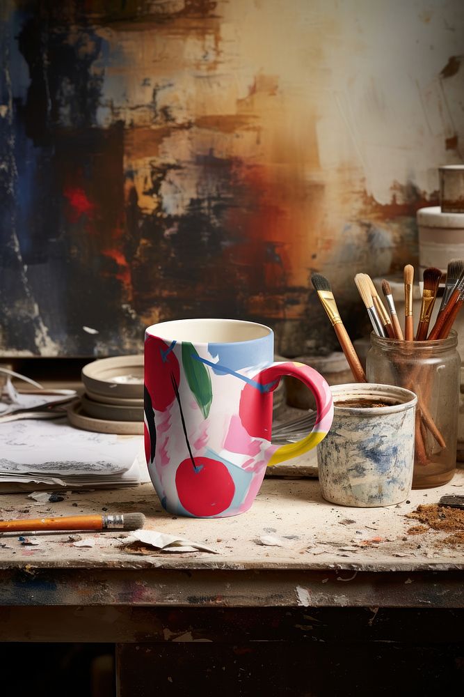 Coffee mug in art workshop