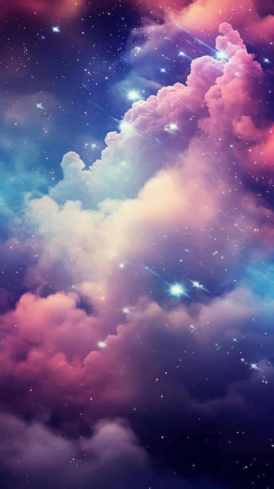 Cloud with rainbow and glitter purple astronomy universe.