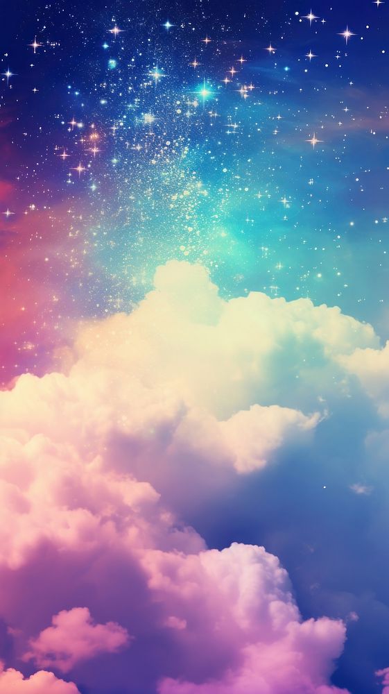 Cloud with rainbow and glitter outdoors galaxy nature.