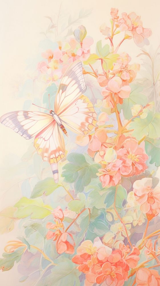 Cute butterfly in garden painting pattern drawing.