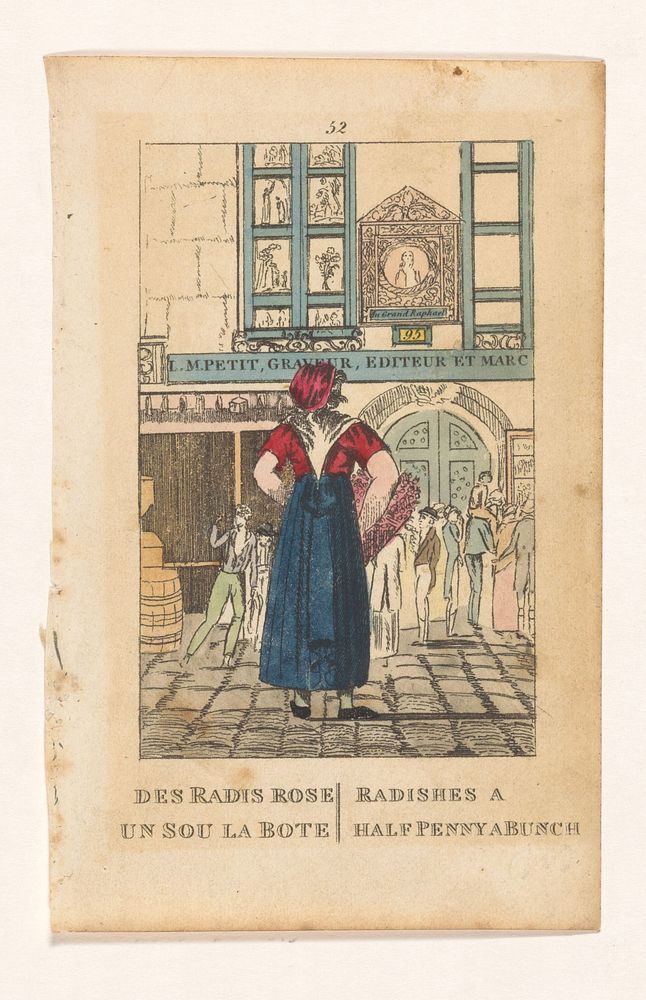 Straatverkoopster voor de gevel van L.M. Petit te Parijs (after 1810 - c. 1850) by anonymous, Adrien Joly and anonymous