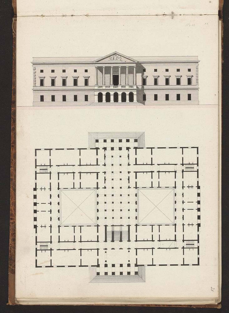 Plattegrond en voorgevel van een villa (1825 - 1907) by Willem Springer jr
