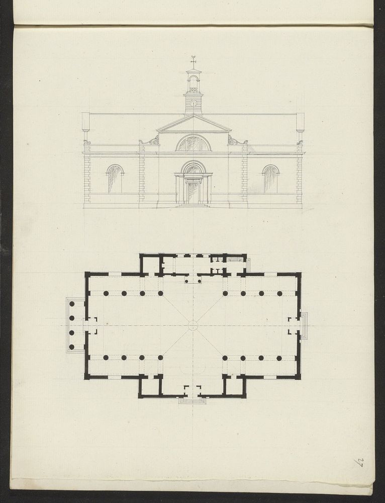 Plattegrond en voorgevel van een gebouw (1825 - 1907) by Willem Springer jr