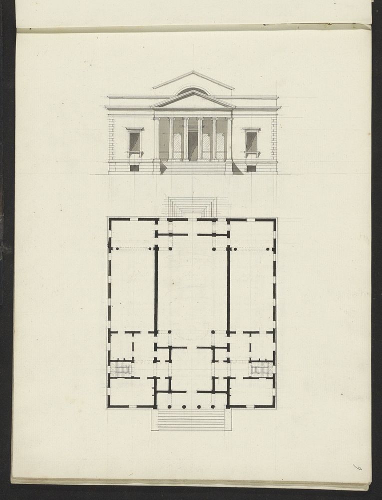 Plattegrond en opstand van de voorgevel van een gebouw (1825 - 1907) by Willem Springer jr