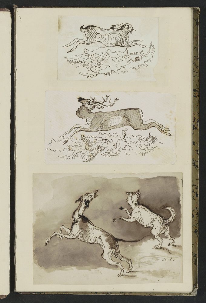 Haas, rennend hert en twee honden (1826 - c. 1888) by Johannes Antonius Canta