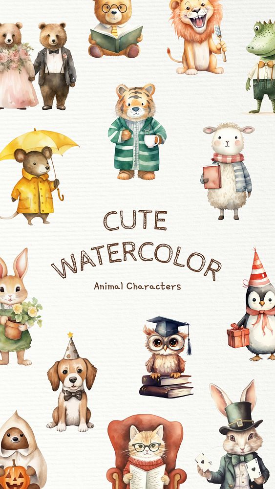 Cute watercolor animal character design element set