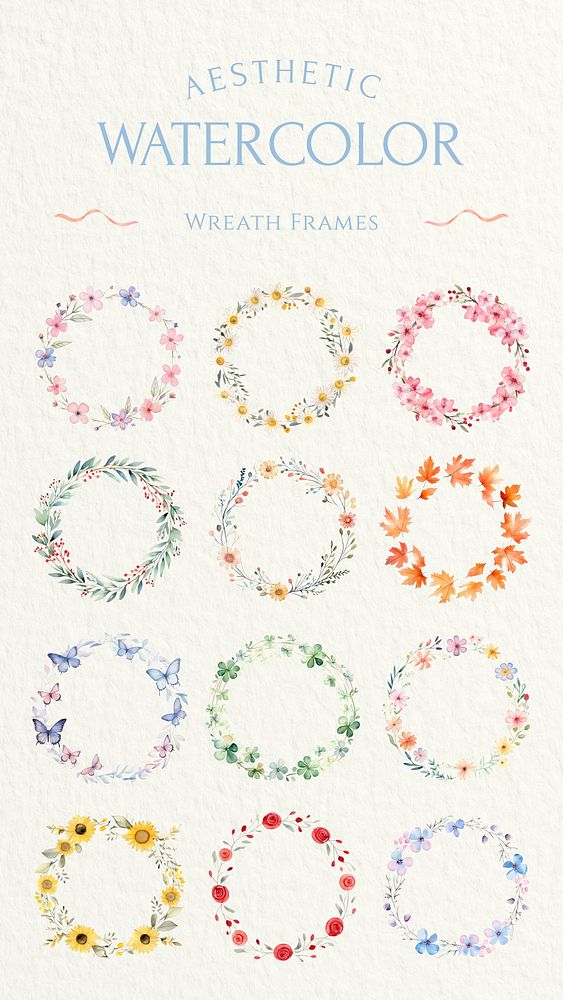 Aesthetic floral wreath frame design element set