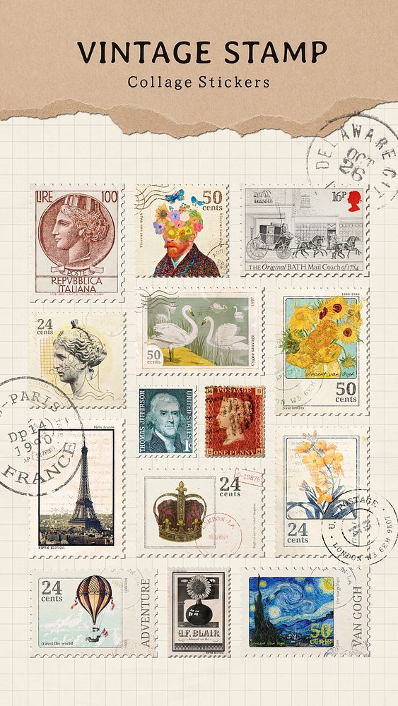 Vintage stamp collage sticker design element set