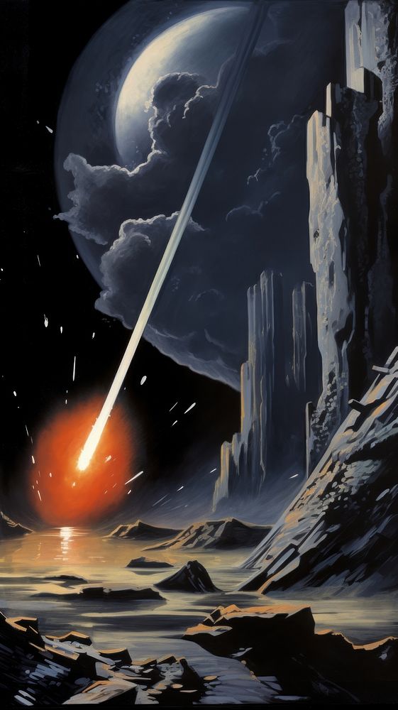 The meteorites explodes in the black sky astronomy space mountain.