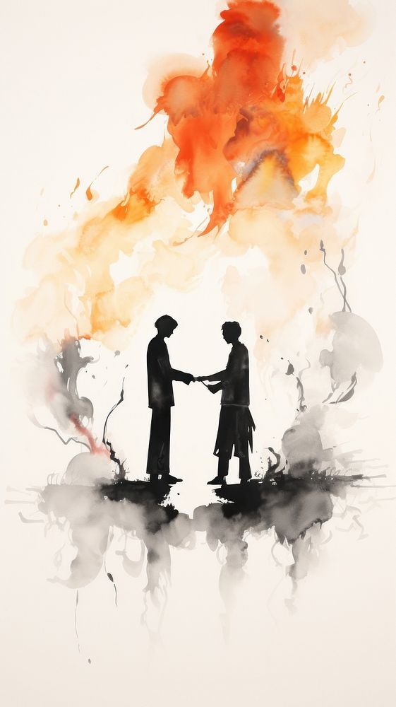 2 business men shakehand and fire on him body painting adult togetherness.
