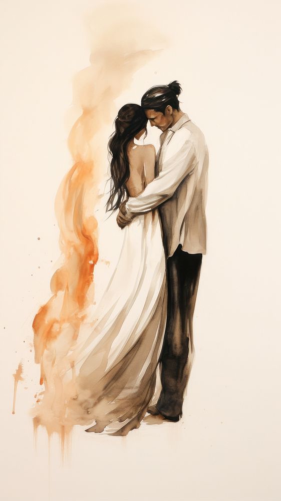 Couple hugging and fire on him body painting wedding adult.