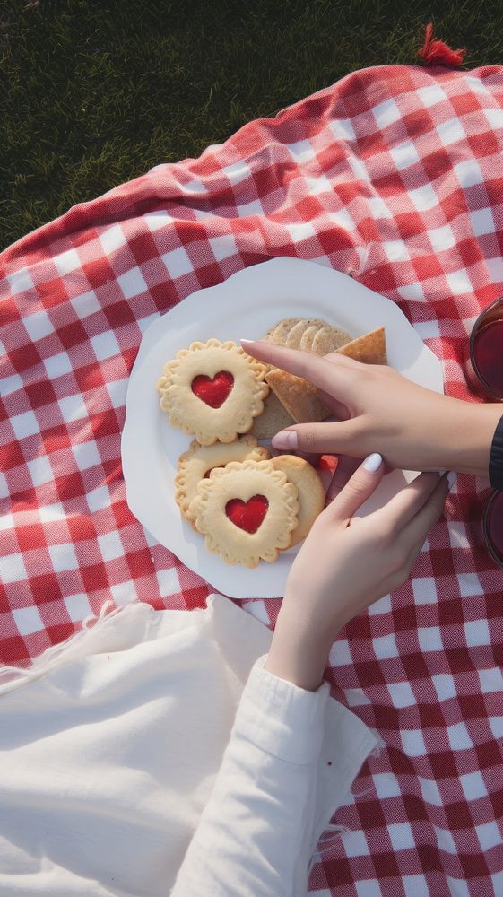 Hands reaching for heart-shaped cookies on a picnic blanket. Cookies on a plate, picnic setup, and hands reaching for…