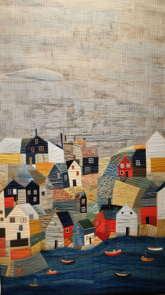 Embroidery of town bay painting textile quilt.