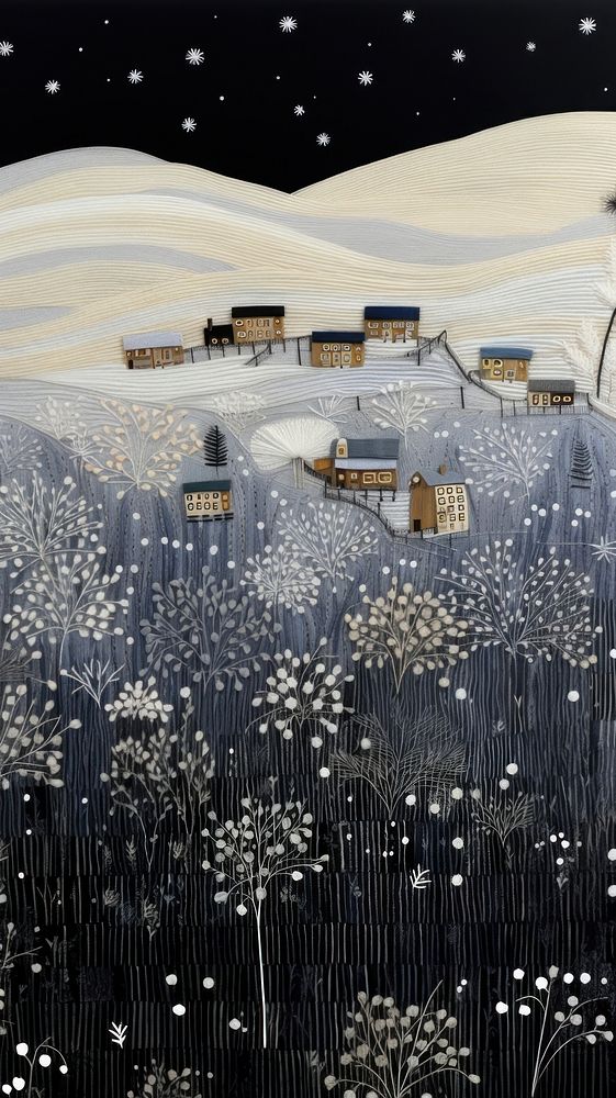 Embroidery of winter landscape nature architecture furniture.