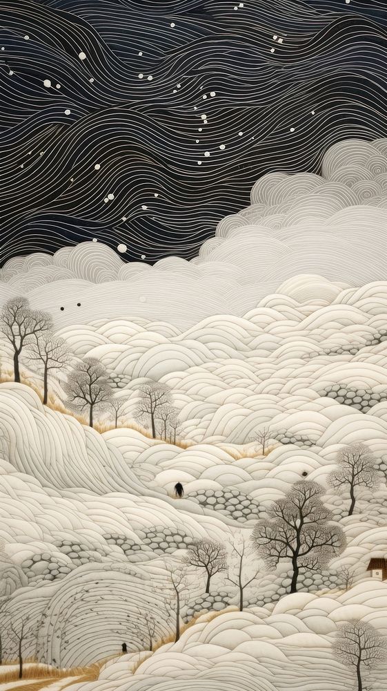 Embroidery of winter landscape outdoors nature snow.