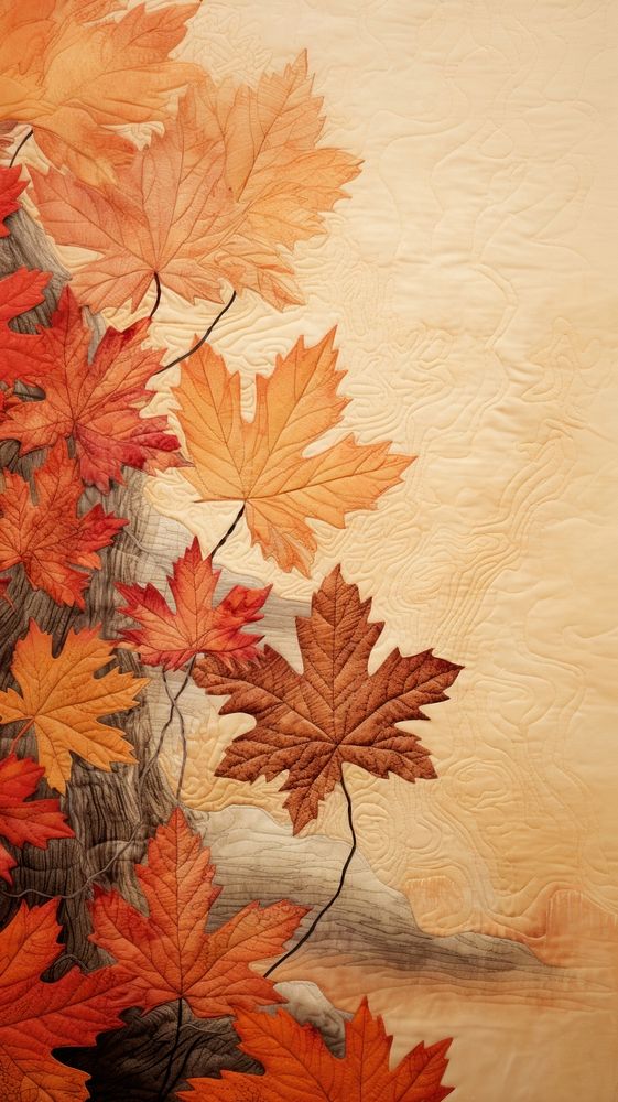 Embroidery of autumn leaves landscapes maple plant craft.