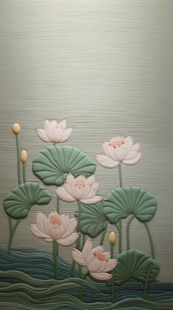 Embroidery of lotus lake pattern flower plant.