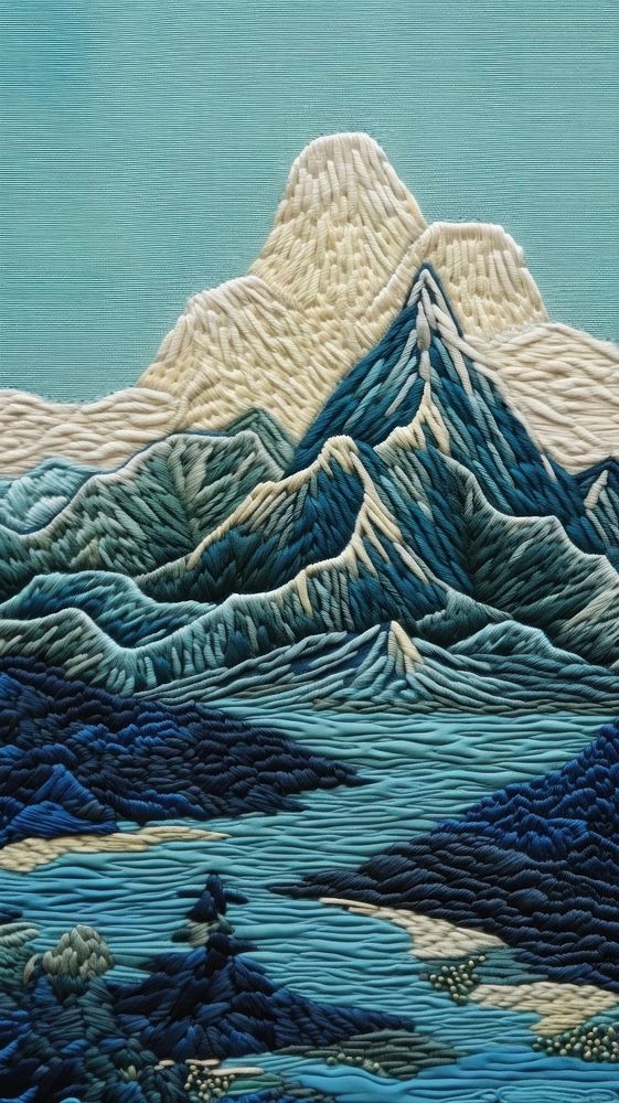 Embroidery of mountain and lake pattern nature craft.