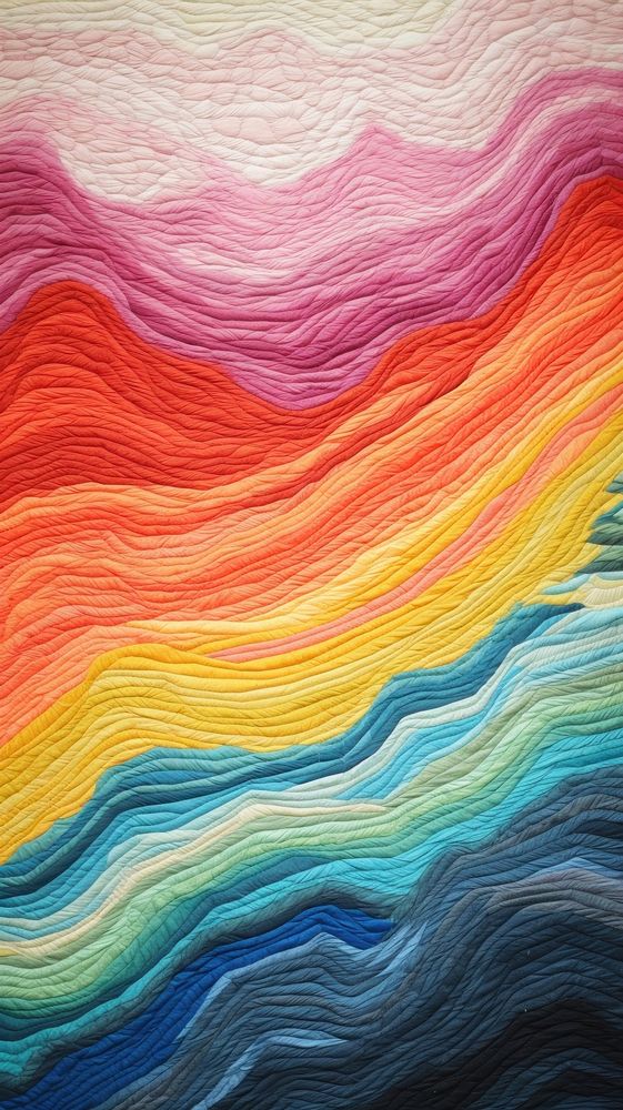 Embroidery of rainbow on mountain textile texture art.