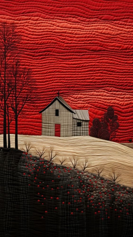 Embroidery of red farm architecture building outdoors.