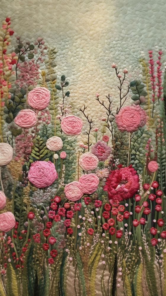 Embroidery of rose garden needlework pattern flower.