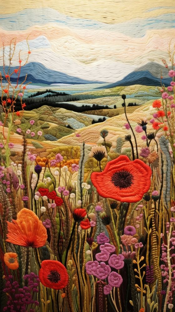 Embroidery of scottish landscapes flower painting pattern.