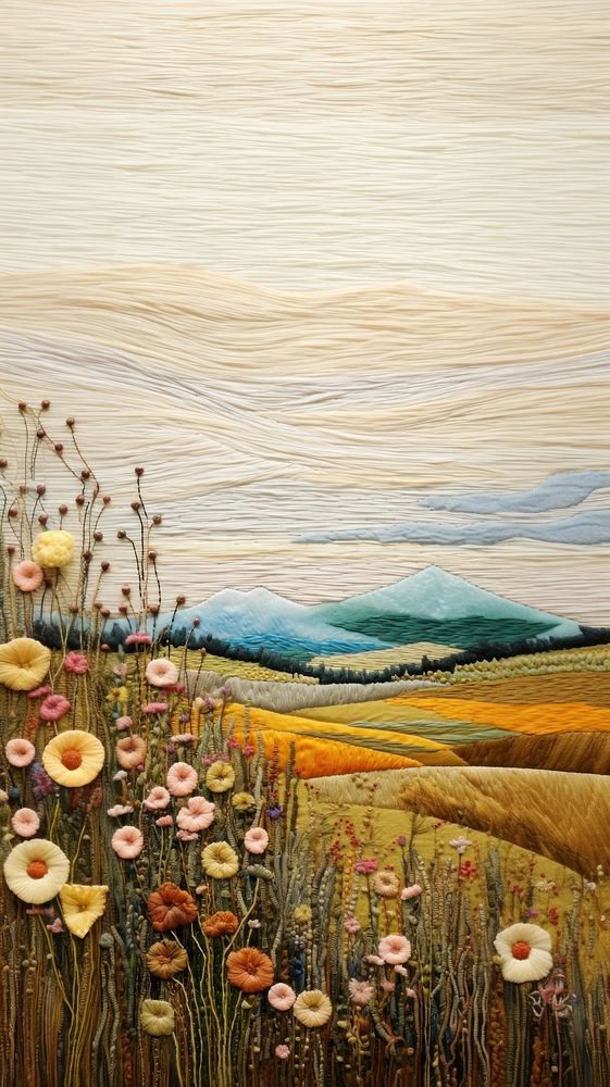 Embroidery of scottish landscapes flower painting plant.